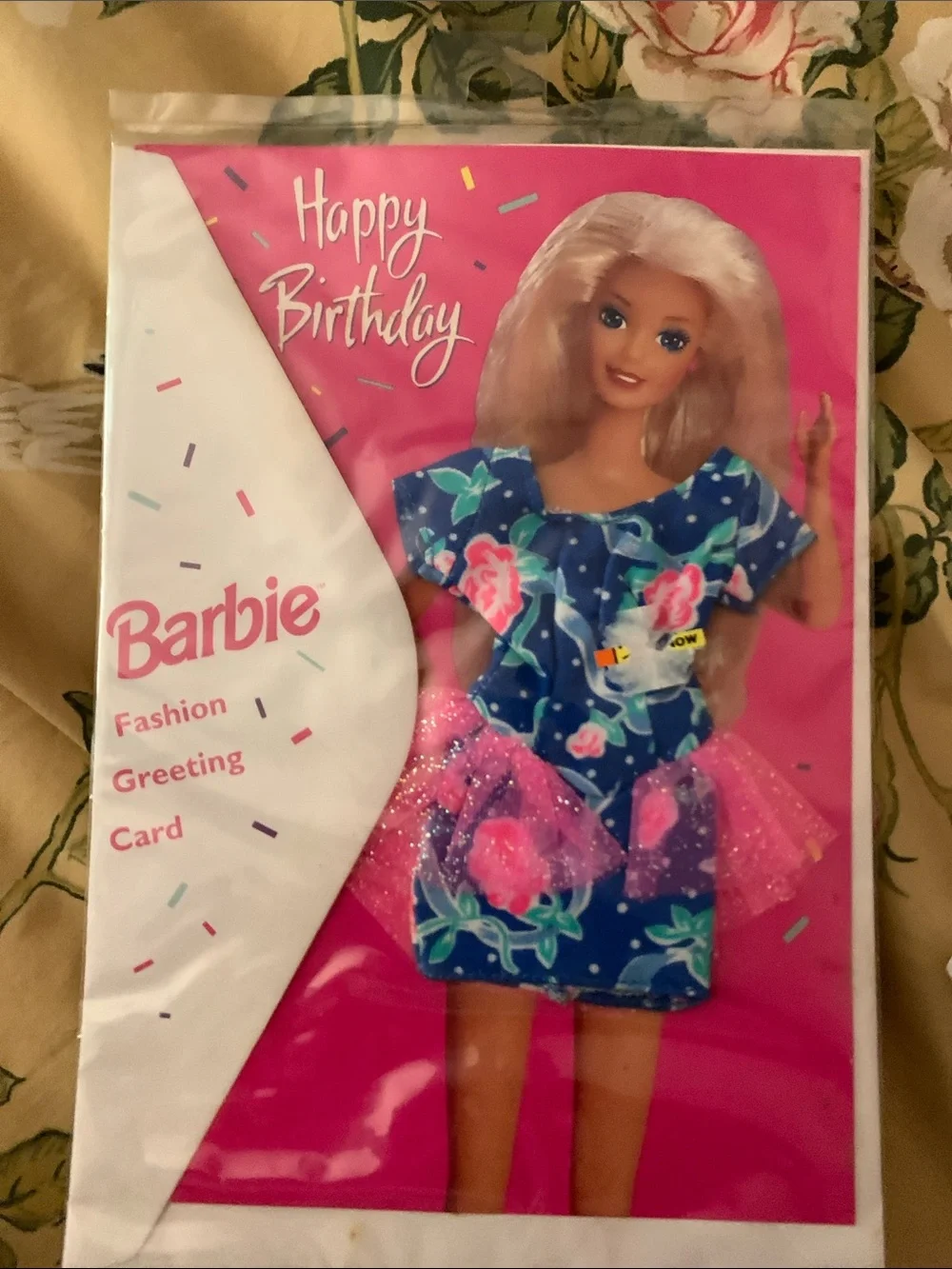 Vintage 1994 Barbie Pink Birthday Card with Doll Illustration in Blue Dress